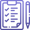 Icon depicting a checklist on a clipboard and pen